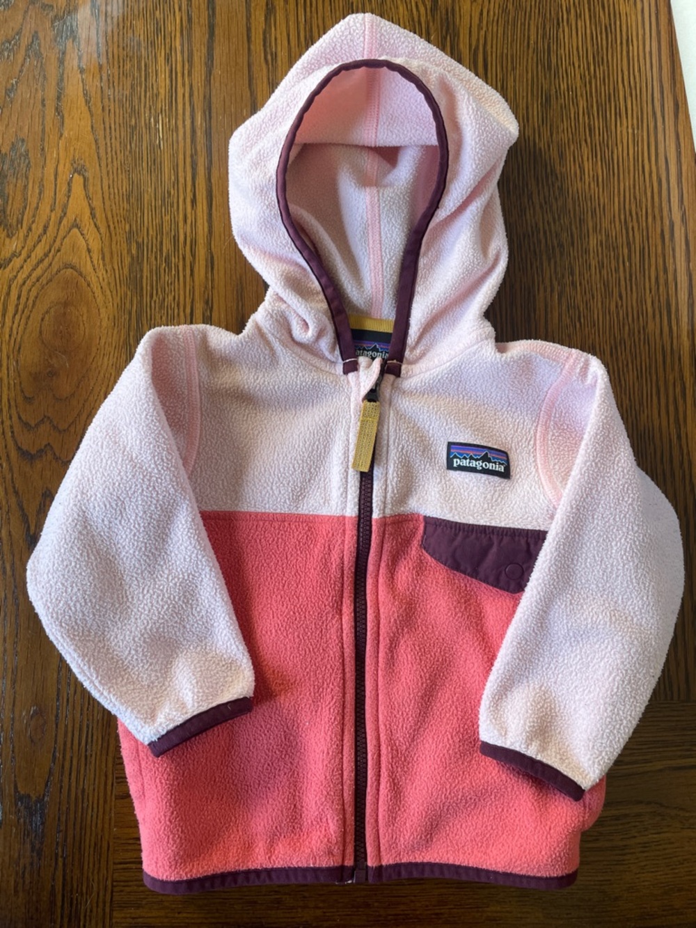 Patagonia Girls Hooded Colorblock Fleece Jacket - Light Pink, Coral & Plum 6-12M